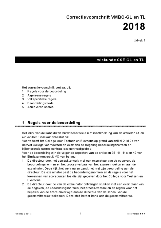 Correctievoorschrift examen VMBO GLTL wiskunde 2018, tijdvak 1. Pagina 1