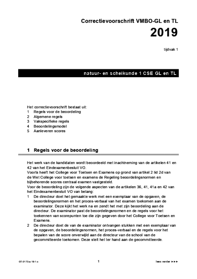 Correctievoorschrift examen VMBO GLTL natuur- en scheikunde 1 2019, tijdvak 1. Pagina 1