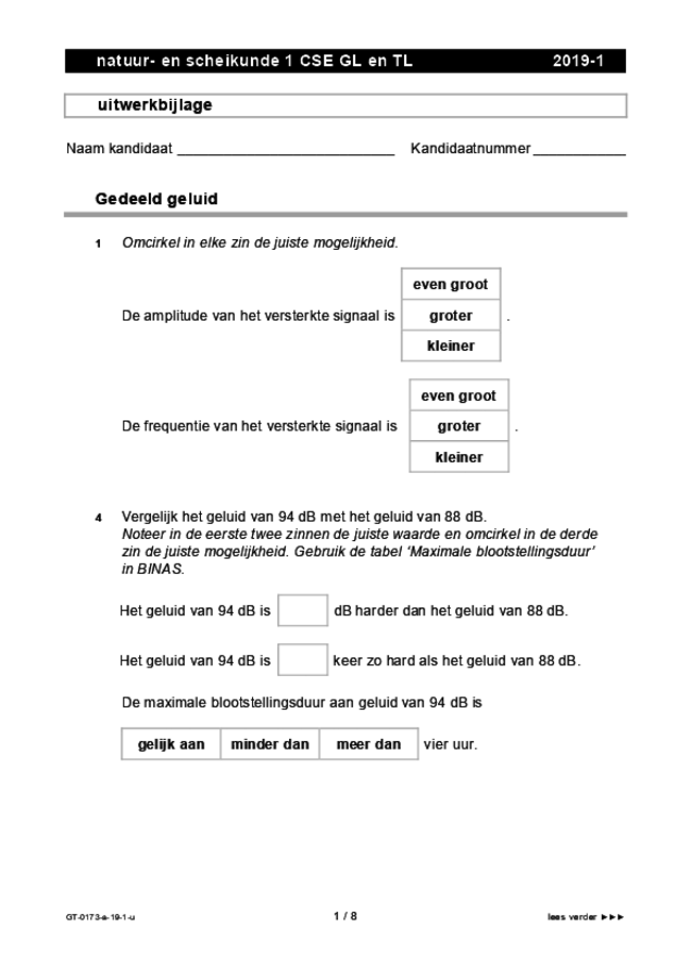 Uitwerkbijlage examen VMBO GLTL natuur- en scheikunde 1 2019, tijdvak 1. Pagina 1