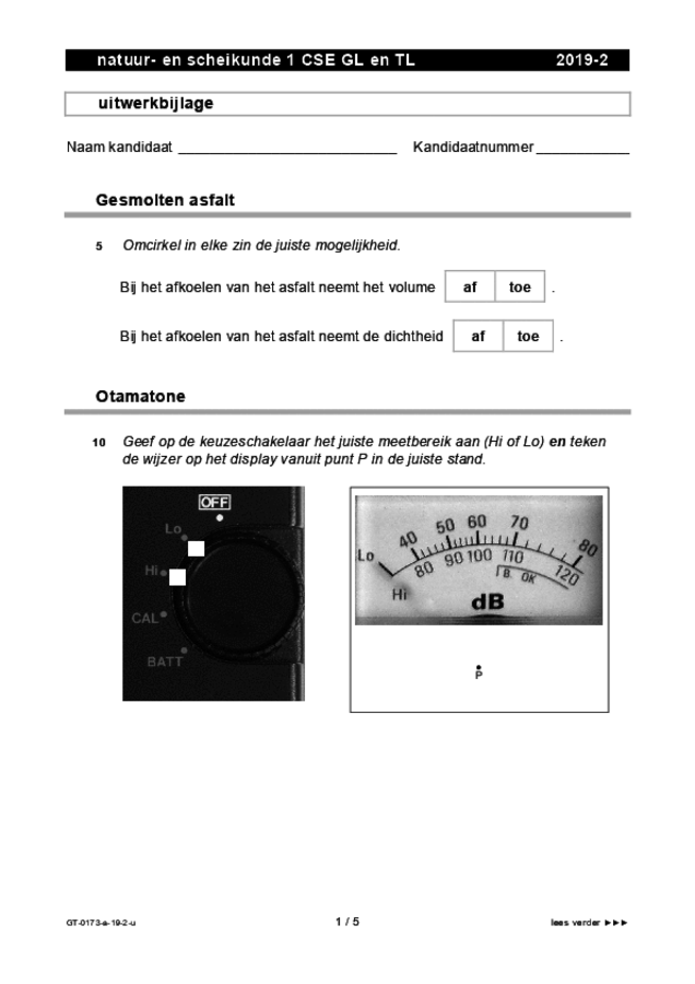 Uitwerkbijlage examen VMBO GLTL natuur- en scheikunde 1 2019, tijdvak 2. Pagina 1