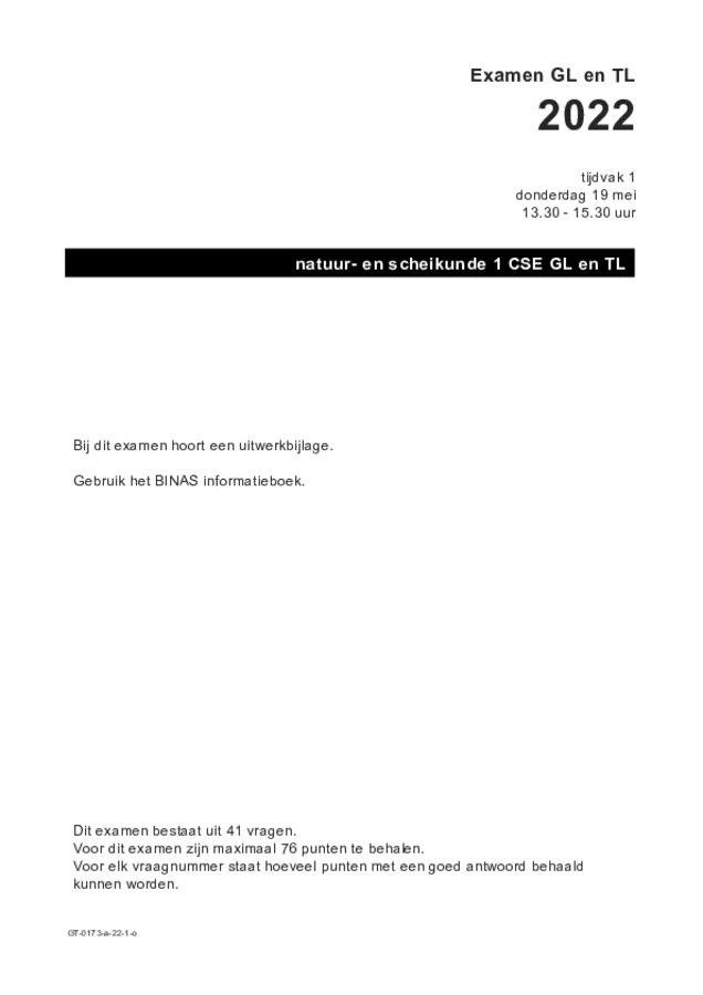 Opgaven examen VMBO GLTL natuur- en scheikunde 1 2022, tijdvak 1. Pagina 1