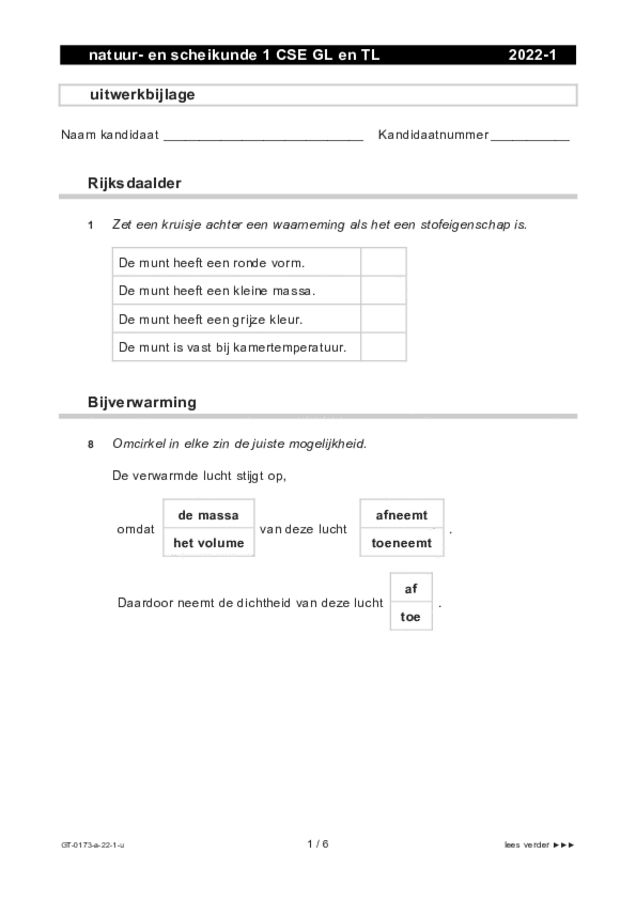 Uitwerkbijlage examen VMBO GLTL natuur- en scheikunde 1 2022, tijdvak 1. Pagina 1