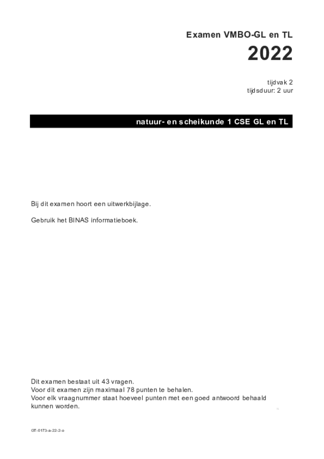 Opgaven examen VMBO GLTL natuur- en scheikunde 1 2022, tijdvak 2. Pagina 1