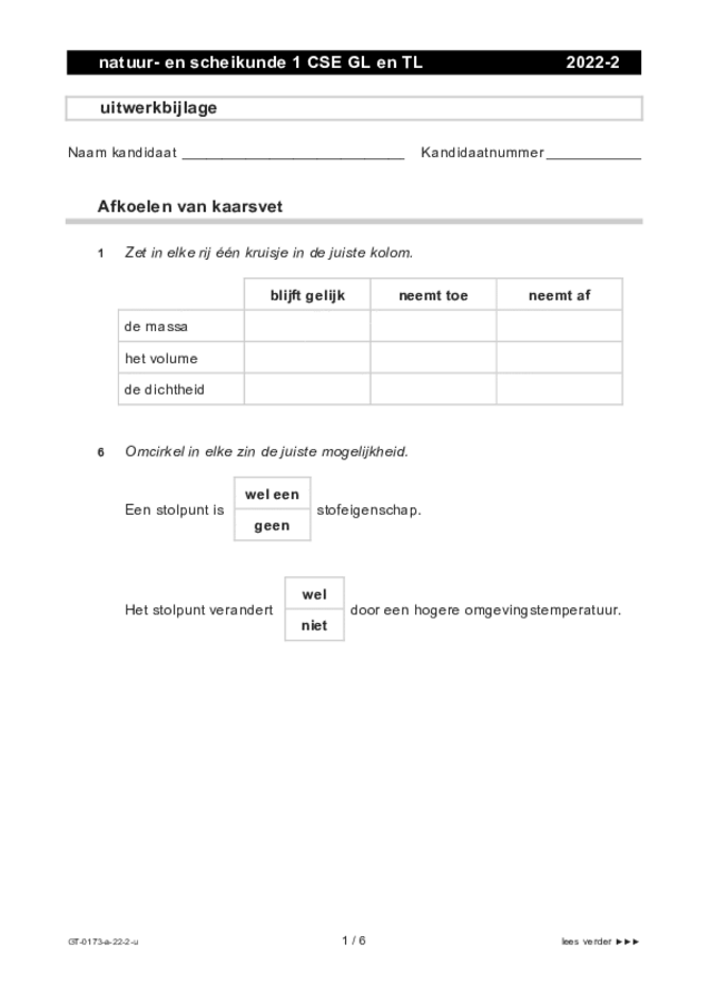 Uitwerkbijlage examen VMBO GLTL natuur- en scheikunde 1 2022, tijdvak 2. Pagina 1