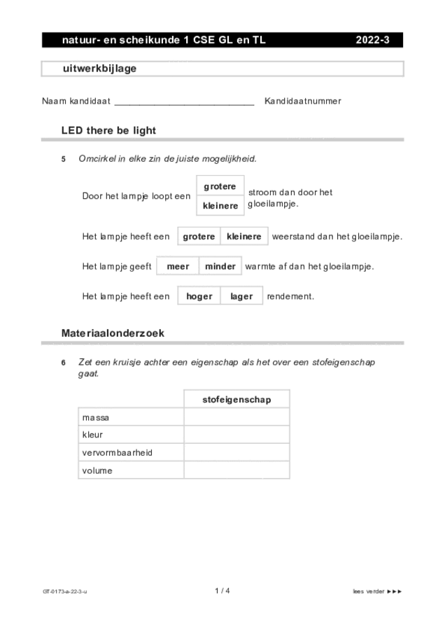 Uitwerkbijlage examen VMBO GLTL natuur- en scheikunde 1 2022, tijdvak 3. Pagina 1