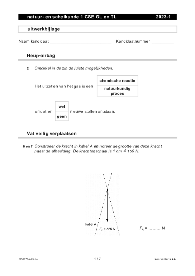 Uitwerkbijlage examen VMBO GLTL natuur- en scheikunde 1 2023, tijdvak 1. Pagina 1