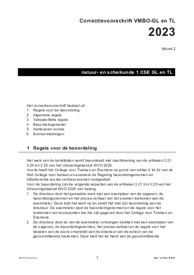 Correctievoorschrift examen VMBO GLTL natuur- en scheikunde 1 2023, tijdvak 2. Pagina 1