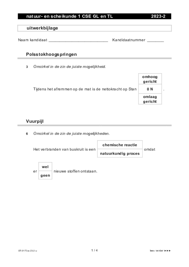 Uitwerkbijlage examen VMBO GLTL natuur- en scheikunde 1 2023, tijdvak 2. Pagina 1