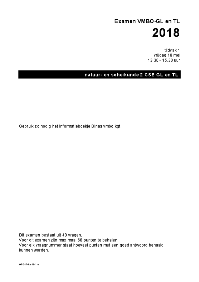 Opgaven examen VMBO GLTL natuur- en scheikunde 2 2018, tijdvak 1. Pagina 1