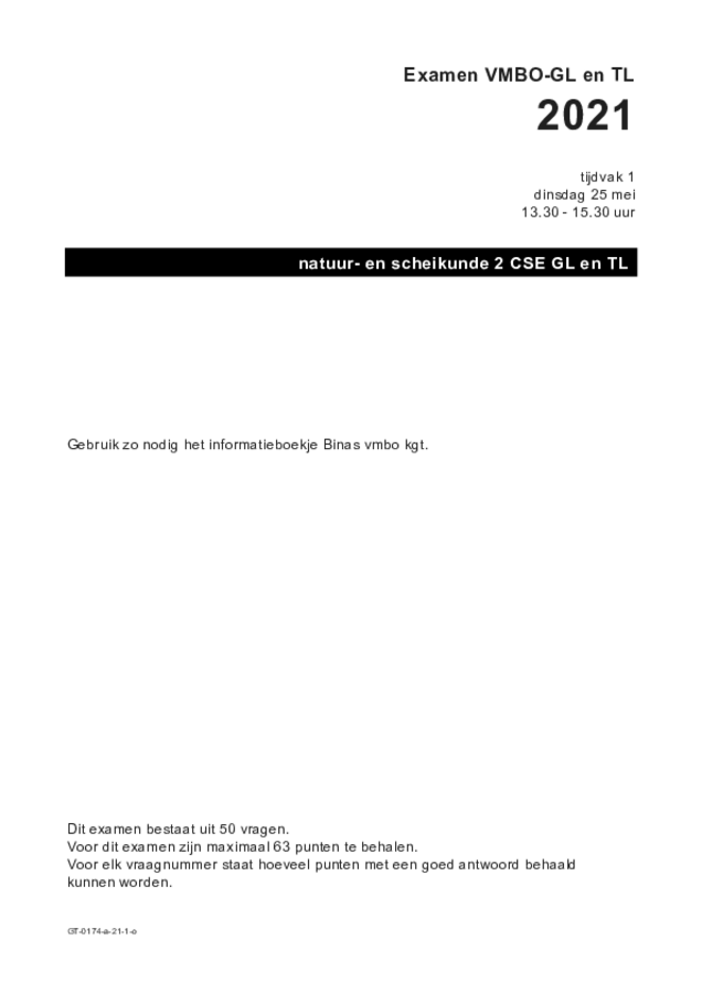 Opgaven examen VMBO GLTL natuur- en scheikunde 2 2021, tijdvak 1. Pagina 1