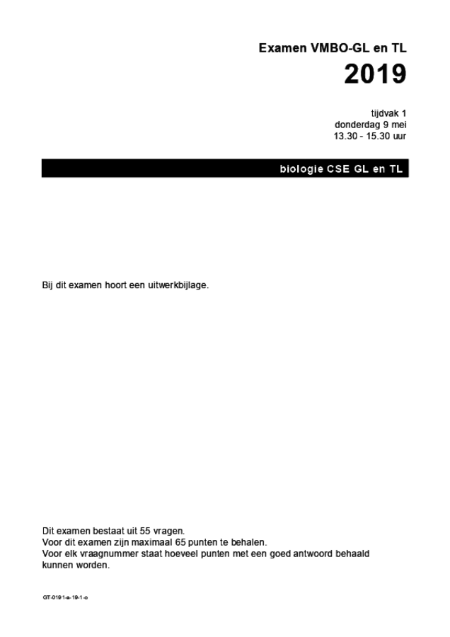 Opgaven examen VMBO GLTL biologie 2019, tijdvak 1. Pagina 1