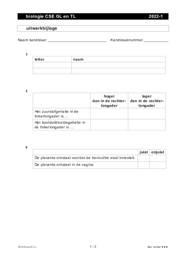 Uitwerkbijlage examen VMBO GLTL biologie 2022, tijdvak 1. Pagina 1