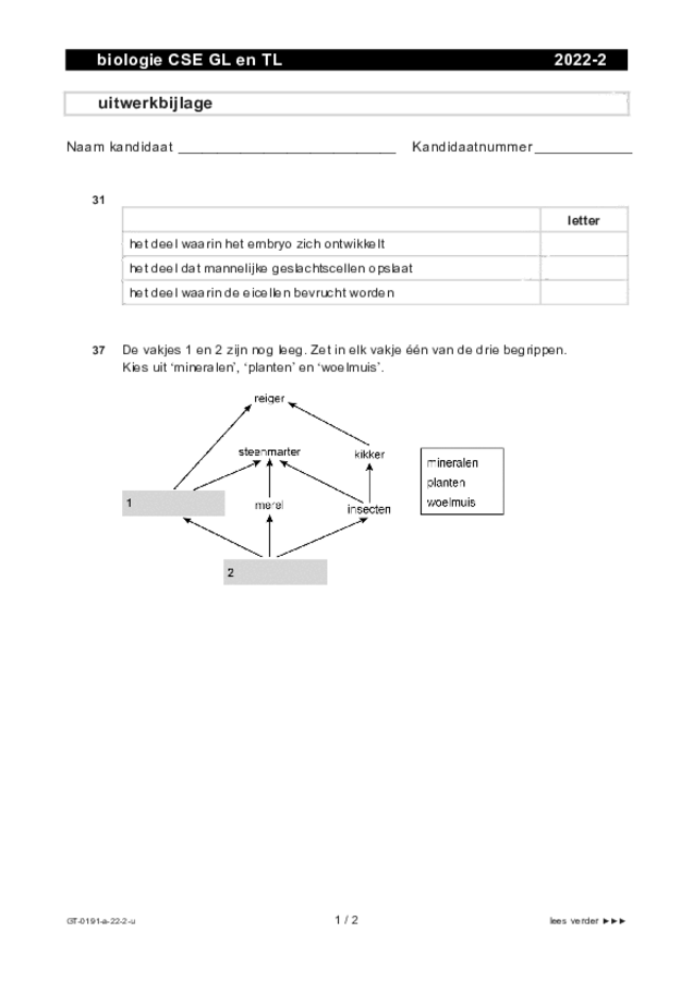 Uitwerkbijlage examen VMBO GLTL biologie 2022, tijdvak 2. Pagina 1