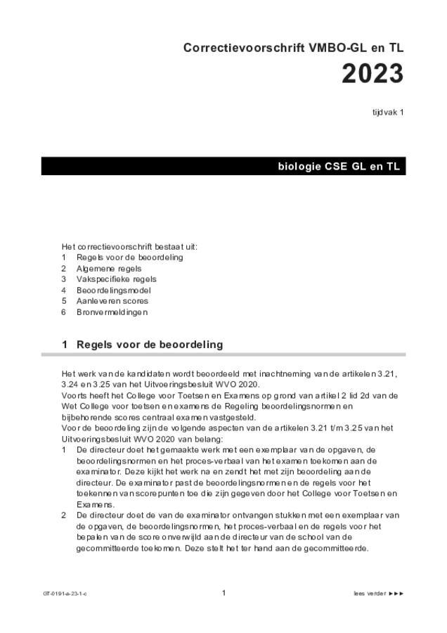 Correctievoorschrift examen VMBO GLTL biologie 2023, tijdvak 1. Pagina 1