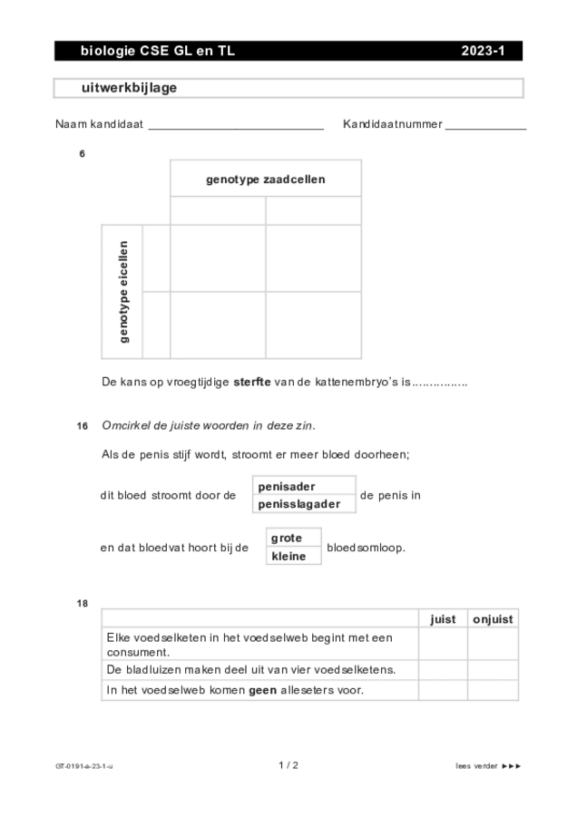 Uitwerkbijlage examen VMBO GLTL biologie 2023, tijdvak 1. Pagina 1