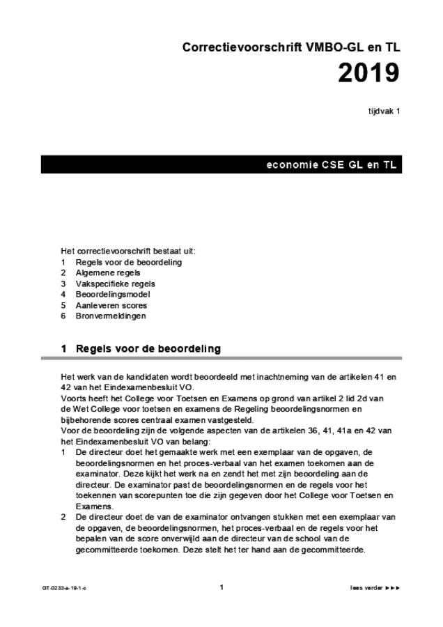 Correctievoorschrift examen VMBO GLTL economie 2019, tijdvak 1. Pagina 1