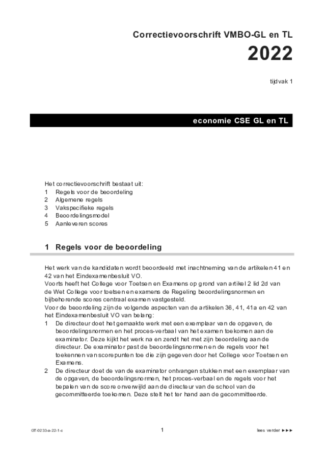 Correctievoorschrift examen VMBO GLTL economie 2022, tijdvak 1. Pagina 1