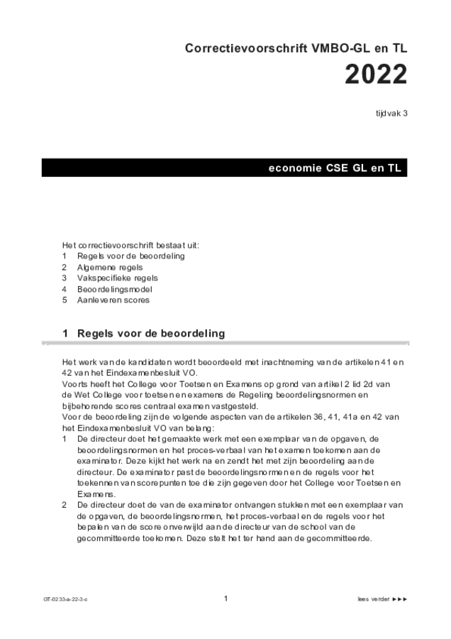 Correctievoorschrift examen VMBO GLTL economie 2022, tijdvak 3. Pagina 1