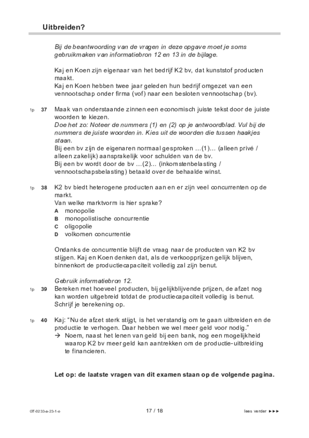 Opgaven examen VMBO GLTL economie 2023, tijdvak 1. Pagina 17