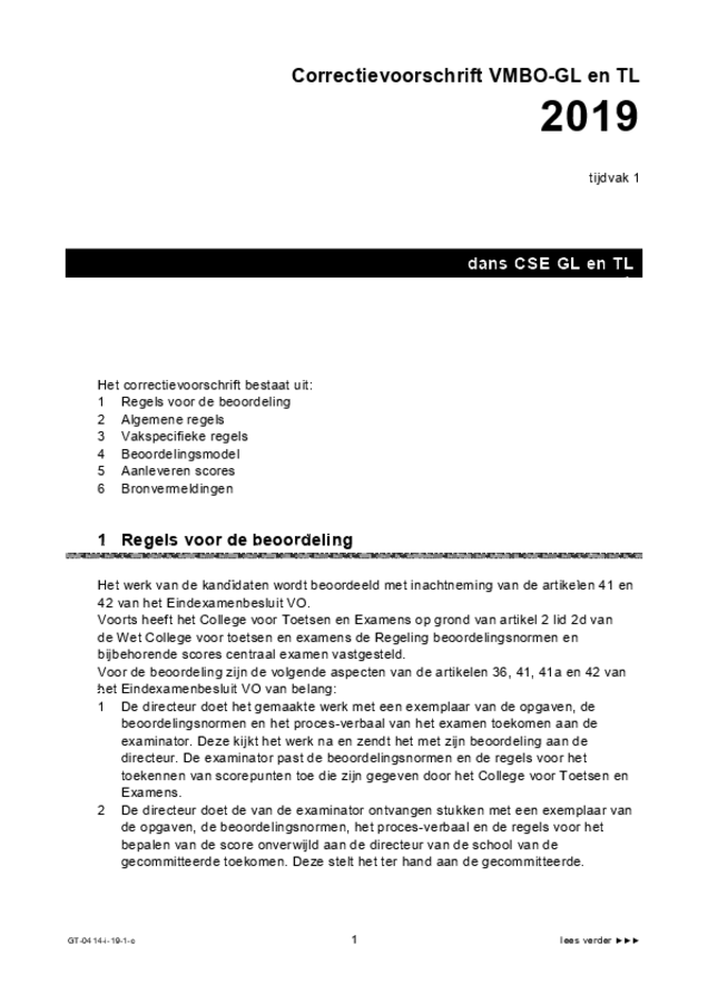 Correctievoorschrift examen VMBO GLTL dans 2019, tijdvak 1. Pagina 1