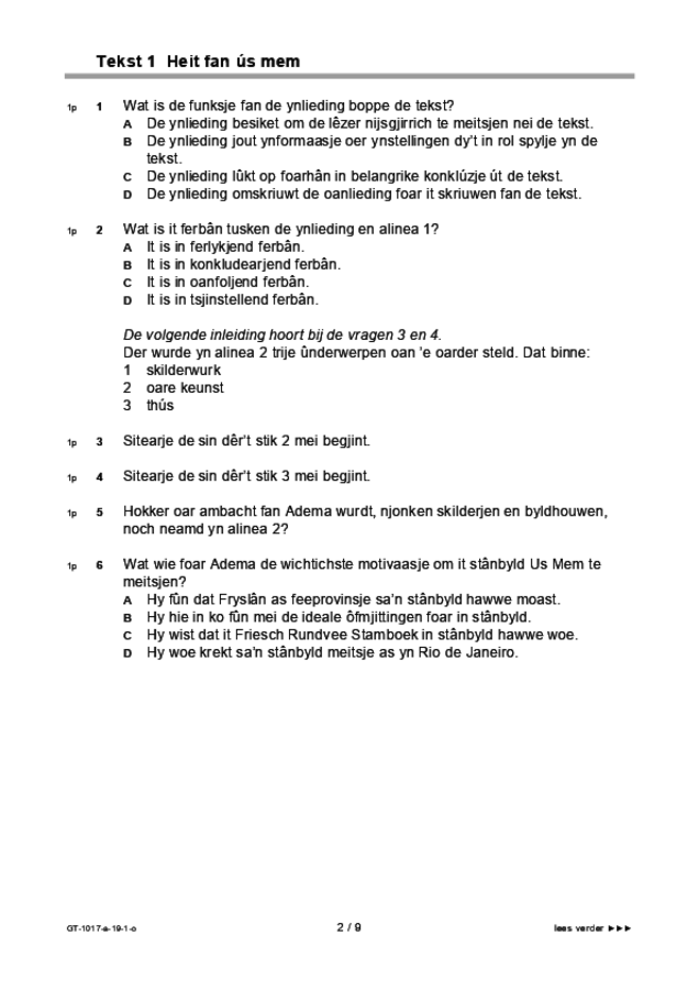 Opgaven examen VMBO GLTL Fries 2019, tijdvak 1. Pagina 2