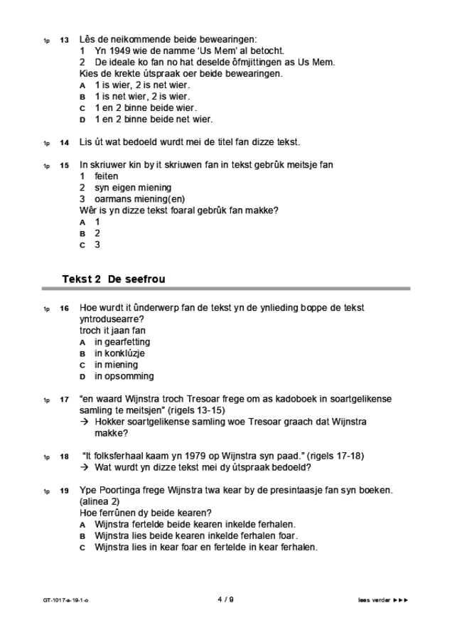 Opgaven examen VMBO GLTL Fries 2019, tijdvak 1. Pagina 4