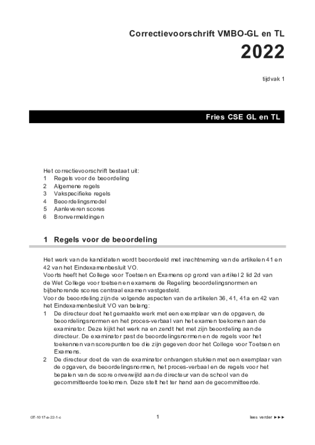 Correctievoorschrift examen VMBO GLTL Fries 2022, tijdvak 1. Pagina 1