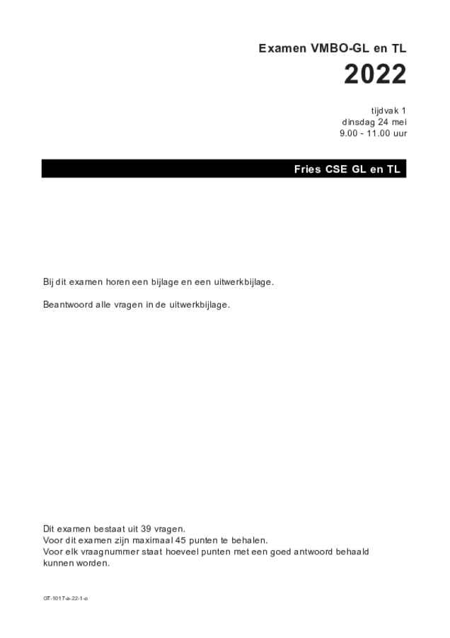 Opgaven examen VMBO GLTL Fries 2022, tijdvak 1. Pagina 1