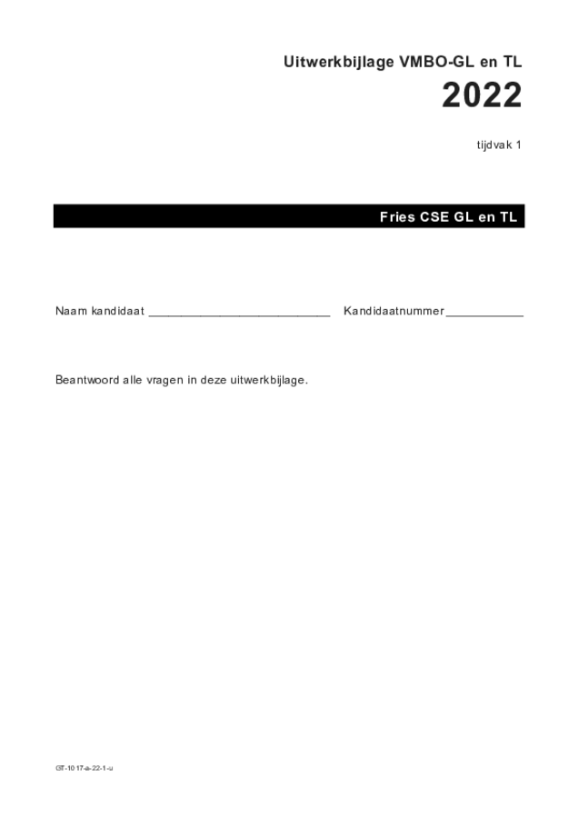Uitwerkbijlage examen VMBO GLTL Fries 2022, tijdvak 1. Pagina 1