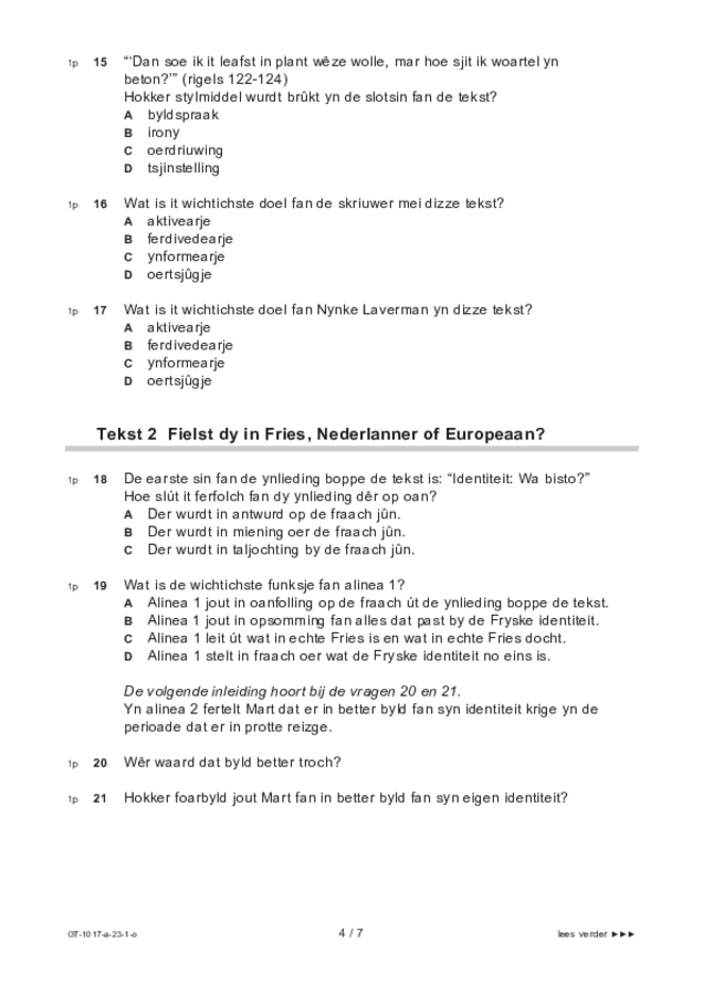 Opgaven examen VMBO GLTL Fries 2023, tijdvak 1. Pagina 4