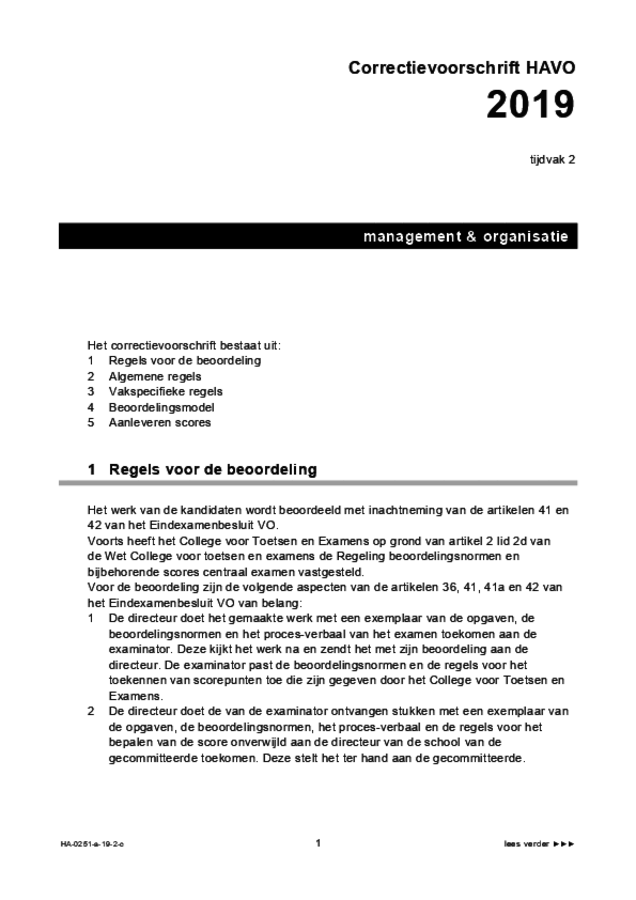 Correctievoorschrift examen HAVO management & organisatie 2019, tijdvak 2. Pagina 1