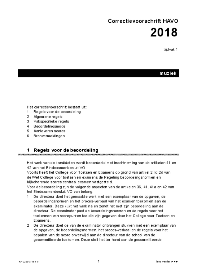 Correctievoorschrift examen HAVO muziek 2018, tijdvak 1. Pagina 1