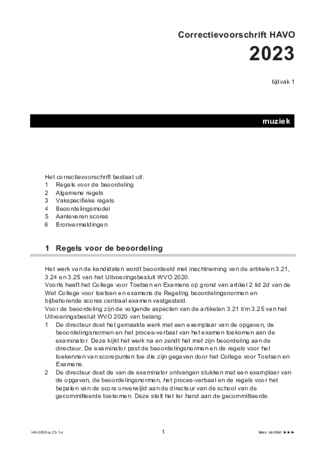 Correctievoorschrift examen HAVO muziek 2023, tijdvak 1. Pagina 1