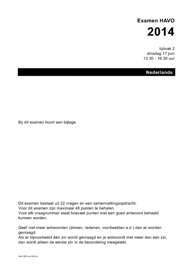 Opgaven examen HAVO Nederlands 2014, tijdvak 2. Pagina 1