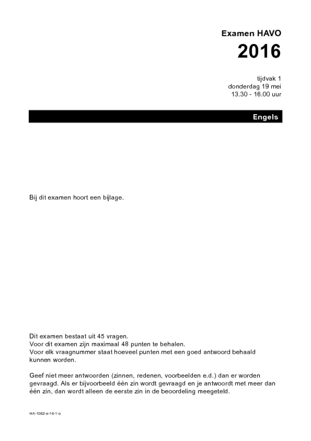 Opgaven examen HAVO Engels 2016, tijdvak 1. Pagina 1