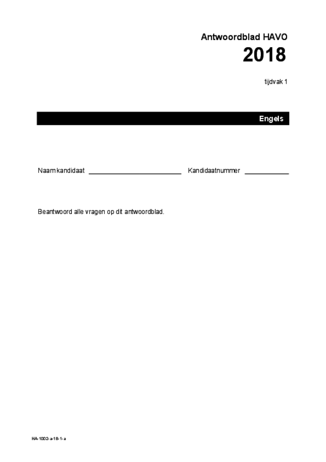 Antwoordblad examen HAVO Engels 2018, tijdvak 1. Pagina 1