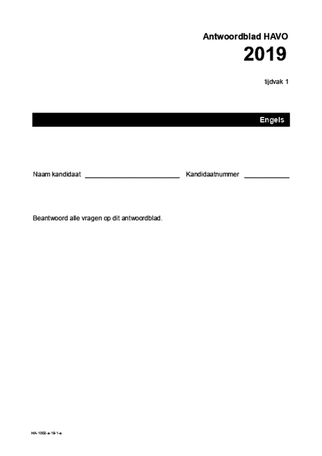 Antwoordblad examen HAVO Engels 2019, tijdvak 1. Pagina 1