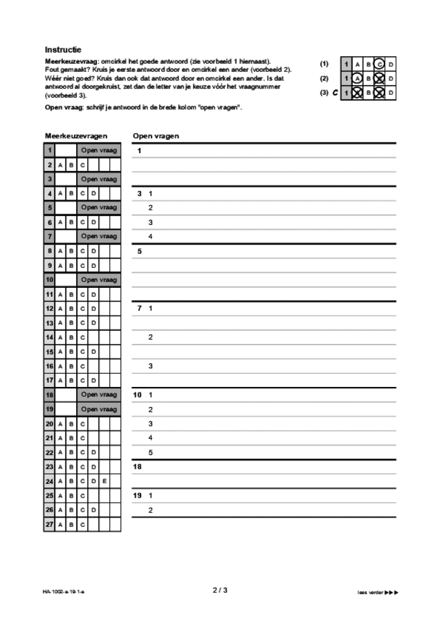 Antwoordblad examen HAVO Engels 2019, tijdvak 1. Pagina 2