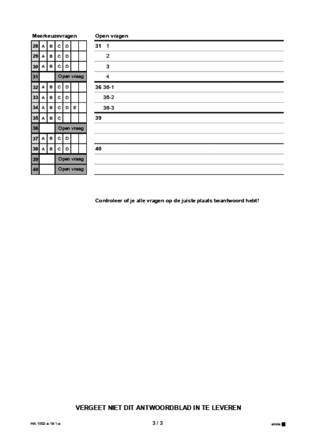 Antwoordblad examen HAVO Engels 2019, tijdvak 1. Pagina 3