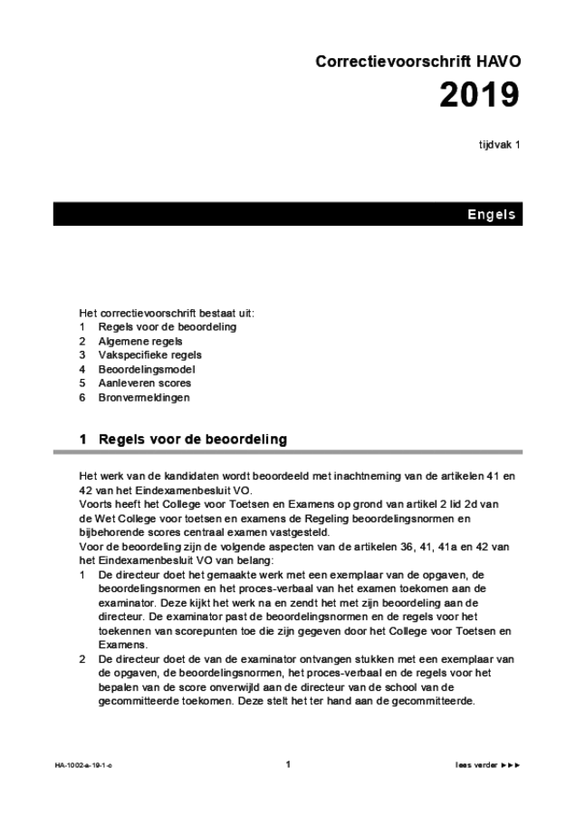 Correctievoorschrift examen HAVO Engels 2019, tijdvak 1. Pagina 1