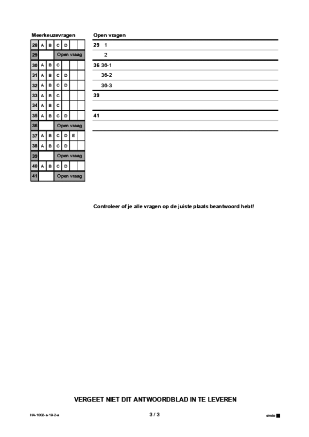Antwoordblad examen HAVO Engels 2019, tijdvak 2. Pagina 3