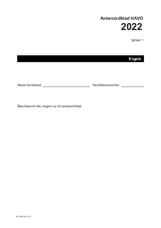 Antwoordblad examen HAVO Engels 2022, tijdvak 1. Pagina 1