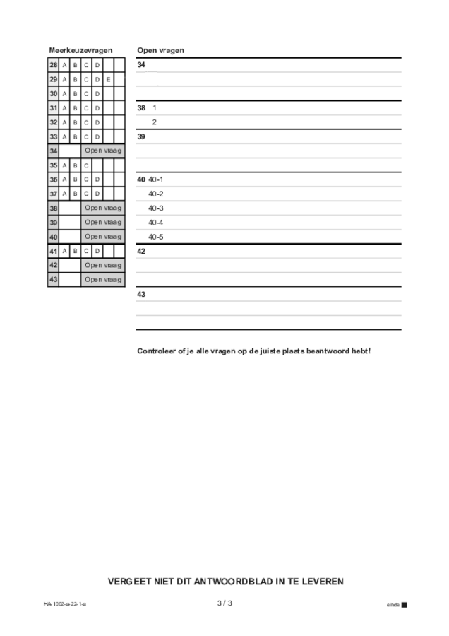 Antwoordblad examen HAVO Engels 2022, tijdvak 1. Pagina 3