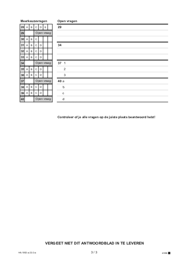 Antwoordblad examen HAVO Engels 2022, tijdvak 2. Pagina 3