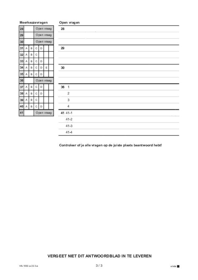 Antwoordblad examen HAVO Engels 2022, tijdvak 3. Pagina 3