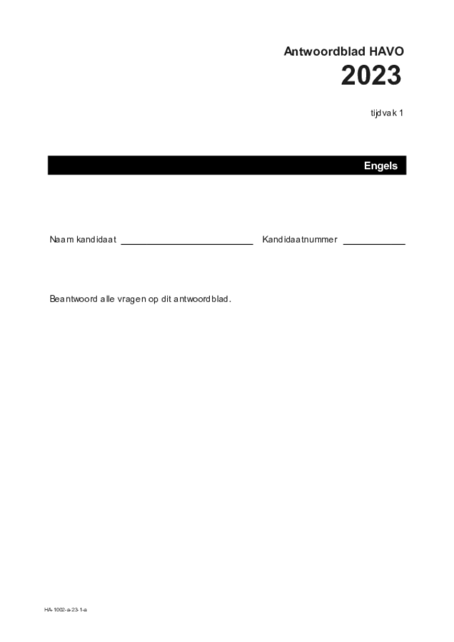 Antwoordblad examen HAVO Engels 2023, tijdvak 1. Pagina 1