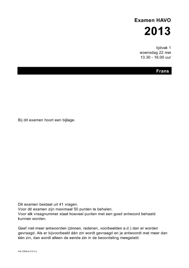 Opgaven examen HAVO Frans 2013, tijdvak 1. Pagina 1