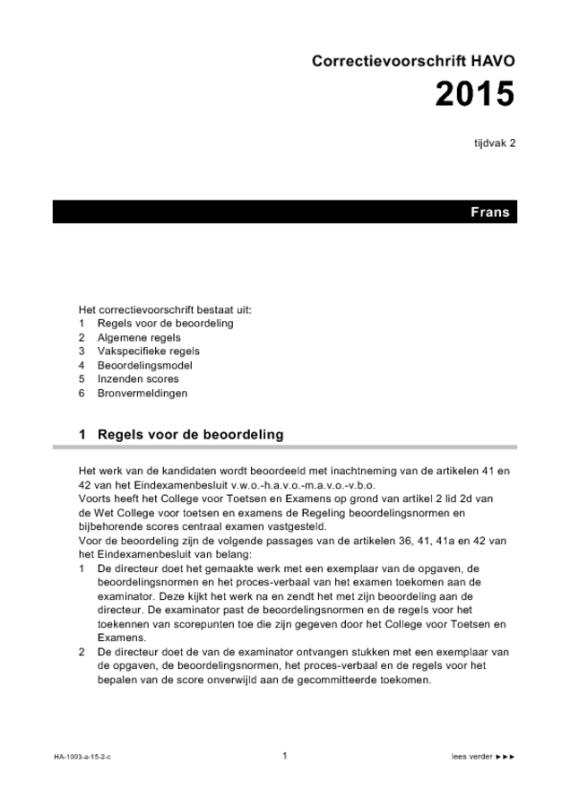 Correctievoorschrift examen HAVO Frans 2015, tijdvak 2. Pagina 1