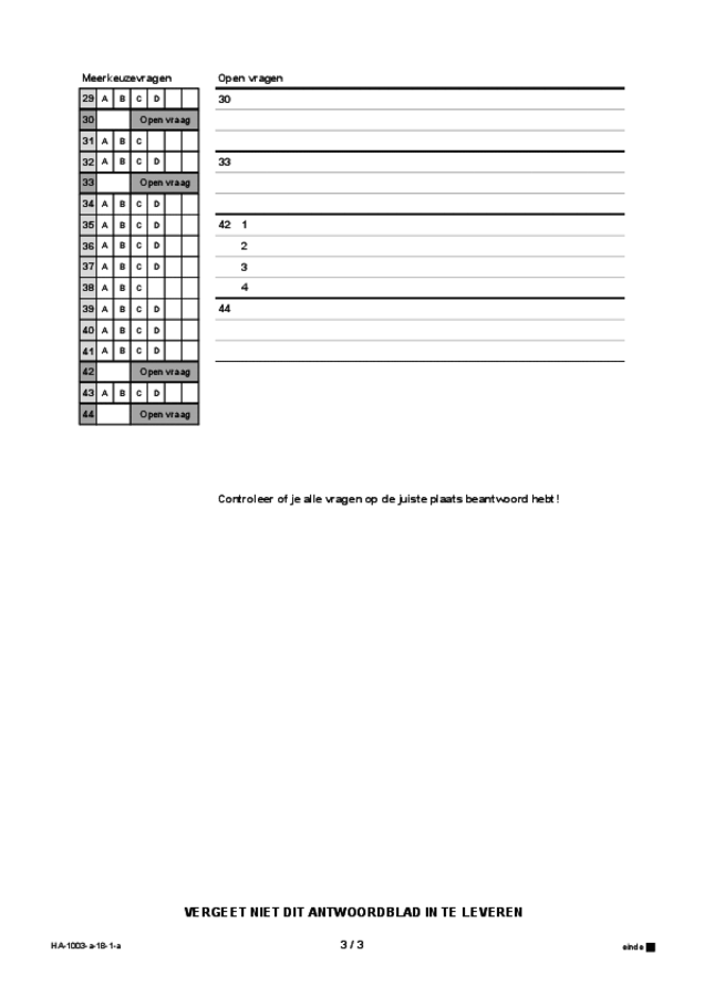 Antwoordblad examen HAVO Frans 2018, tijdvak 1. Pagina 3