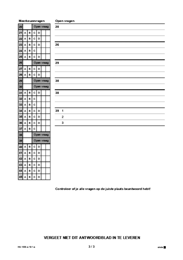 Antwoordblad examen HAVO Frans 2019, tijdvak 1. Pagina 3